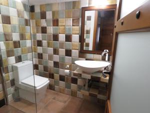 a bathroom with a toilet and a sink and a mirror at CASA ALEGRIA in Algodonales