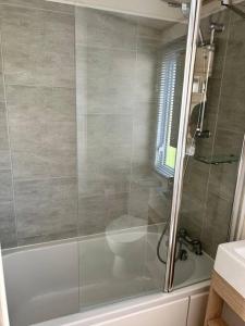 ein Badezimmer mit einer Dusche, einer Badewanne und einem Waschbecken in der Unterkunft Platinum Holiday Home by the Sea in Whitstable
