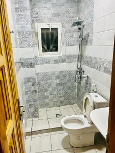 a bathroom with a toilet and a sink and a mirror at Johen Residence in Douala
