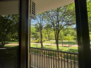 una ventana con vistas al parque desde un porche en Apartment-M14 in Kikvidze Park, en Tiflis