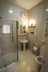 ein Bad mit einer Dusche, einem Waschbecken und einem WC in der Unterkunft Hotel LUX (Rouge) in Blackpool