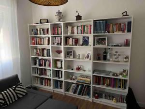 een boekenplank gevuld met boeken in een woonkamer bij Versilia Tonfano villetta in Marina di Pietrasanta