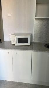 a microwave sitting on top of a kitchen counter at casa langa magazine in Floreşti