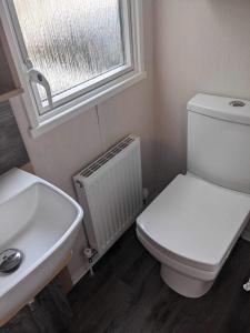 a bathroom with a toilet and a sink and a window at Luxury caravan in Porthmadog