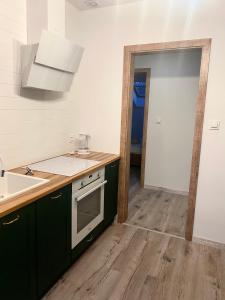 a kitchen with a sink and a stove top oven at Apartamenty na Wzgórzu Boho in Zagnańsk