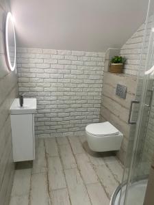 a bathroom with a toilet and a sink at Apartamenty na Wzgórzu Boho in Zagnańsk