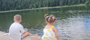 a boy and a girl sitting on a rock by a lake at Premium Apartments in Žabljak