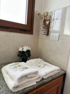 een stapel handdoeken op een aanrecht in een badkamer bij Los Alerces Patagonia Apart in Esquel