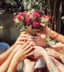 a group ofoples hands holding a pot of flowers at Unicorn Reborn - Peaceful Rentals in San Marcos La Laguna