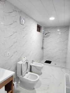 uma casa de banho branca com um WC e um lavatório em Guest House Kusika em Signagi