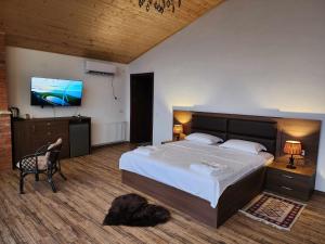 um quarto com uma cama grande e uma televisão de ecrã plano em Guest House Kusika em Signagi