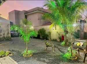 a house with a chair and palm trees in front of it at Vila Sinhá in Bonito