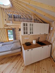 um quarto com uma cama e um lavatório numa pequena casa em Chatka Pradziadka i Jurty na Wodzie em Pokrówka