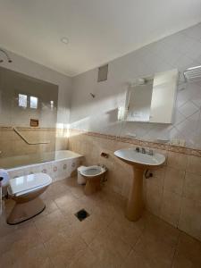 a bathroom with a sink and a tub and a toilet at Hotel Pintó Terraza in Esquel