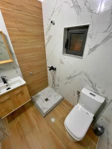 a bathroom with a toilet and a sink at Elite Apartments Korçë in Korçë