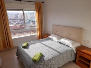 マラガにあるApartamento Bailén.のベッドと大きな窓のある寝室