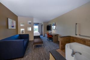 um quarto de hotel com uma banheira e uma cama em Holiday Inn Express Rochester South - Mayo Area, an IHG Hotel em Rochester