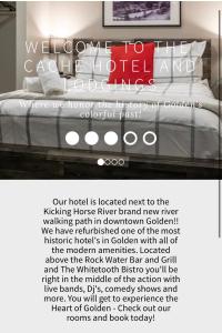 ein Plakat für ein Hotelzimmer mit einem Bett und einem Schild in der Unterkunft The Cache Hotel and Lodgings in Golden