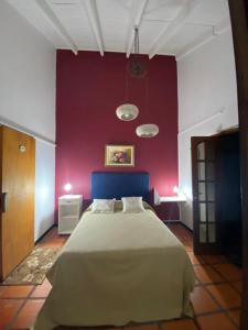 a bedroom with a large bed in a red wall at Glamping Urbano Posadas in Posadas