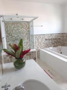 uma casa de banho com um vaso de flores num lavatório em Casarão Caborê em Paraty