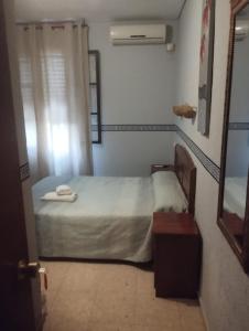 a small bedroom with a bed and a mirror at Hospedería Lucano in Córdoba