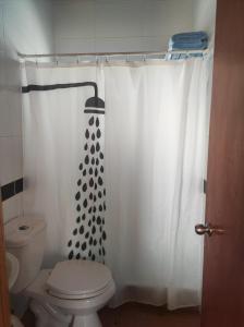 a bathroom with a toilet and a shower curtain at Cabaña2 Punta de Choros in Choros