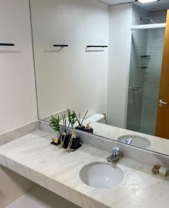 eine Badezimmertheke mit einem Waschbecken und einem Spiegel in der Unterkunft Iguatemi Business & Flat in Salvador