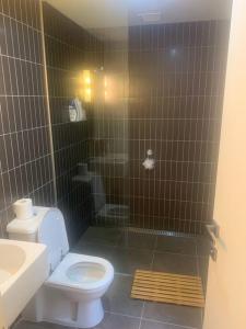 a bathroom with a shower with a toilet and a sink at The Golf House at St Andrews Beach in Fingal