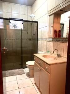 a bathroom with a shower and a sink and a toilet at Hostel Portal da Montanha in Blumenau