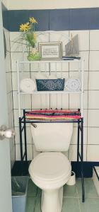 a bathroom with a toilet and a shelf with plates at Relax at Pier Sands Casita#1 - Close to the Beach! in Puntarenas