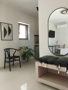 um quarto com um espelho, uma cama e uma cadeira em Pnoe Eco Residences em Amaliás