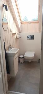 a bathroom with a sink and a toilet and a skylight at Domki Poczekajka in Sasino +35 photos