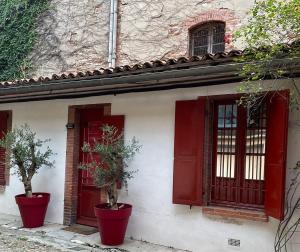 Deux potiers en face d'un bâtiment avec portes rouges dans l'établissement Petite chartreuse calme en plein coeur de Toulouse, à Toulouse