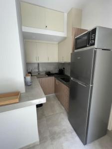a kitchen with a stainless steel refrigerator with a microwave at Maison centre Athènes in Athens