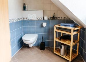 baño con aseo y azulejos azules en Weingut Eduard Kroth, en Briedel