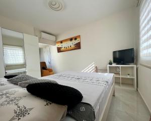 内坦亚Beachfront Studio, fully equipped的一间卧室，配有两张床和一台平板电视