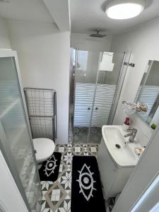 内坦亚Beachfront Studio, fully equipped的带淋浴、水槽和马桶的浴室 更多37张照片