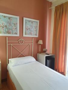 um quarto com uma cama e duas fotografias na parede em Hotel Murillo em Sevilha