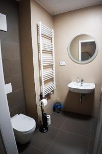 a bathroom with a toilet and a sink and a mirror at AH Designe in Košice +11 photos