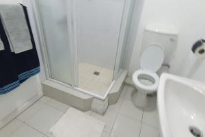 a bathroom with a shower and a toilet and a sink at Appartment in town in Curepipe