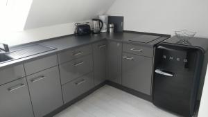 a kitchen with a black refrigerator and a sink at Wohnung Nr 3 in Bargischow