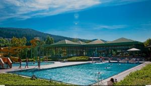 a large swimming pool in front of a building at Ferienwohnung Osserglück in Lohberg