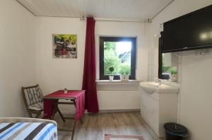 a living room with a television and a window at Pension-Werdohl in Werdohl