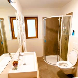uma casa de banho com um chuveiro, um WC e um lavatório. em Le Crode em Sesto