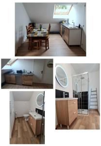 two pictures of a kitchen and a bathroom with a table at Chez Julie in Arnage