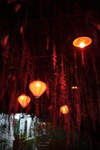 a group of red lanterns hanging from a ceiling at Wind Valley in Ramakkalmedu