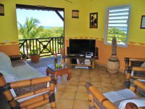 a living room with a couch and a television at Villa grand bleu in Sainte-Rose