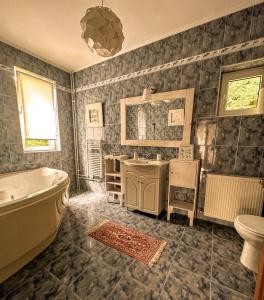 a bathroom with a tub and a sink and a toilet at Casa Miu in Sinaia