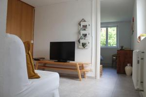a living room with a television on a table at NEB-THUN Studio am Thunersee in Thun