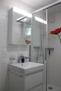 a white bathroom with a sink and a shower at NEB-THUN Studio am Thunersee in Thun